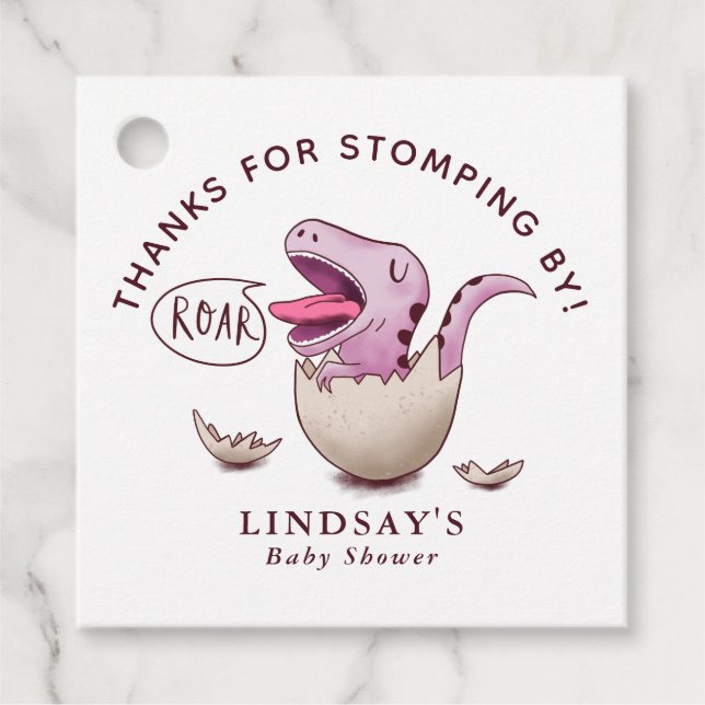 Danke für Stompby Pink Dinosaur Babydusche Geschenkanhänger (Vorderseite)