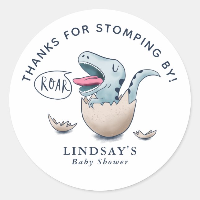 Danke für Stomping by Dinosaur Baby Dusche Blue Runder Aufkleber (Vorderseite)