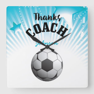 Danke Fußball Coach Aqua Blue Stars Ball Quadratische Wanduhr