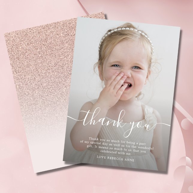 Danke Geburtstag Foto Rose Gold Glitzer ombre (Photo Thank You Card)