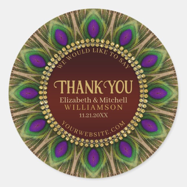 Danke Golden Peacock Feathers Mandala Runder Aufkleber (Vorderseite)