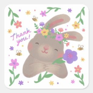 Danke: Hase mit Blumen Quadratischer Aufkleber