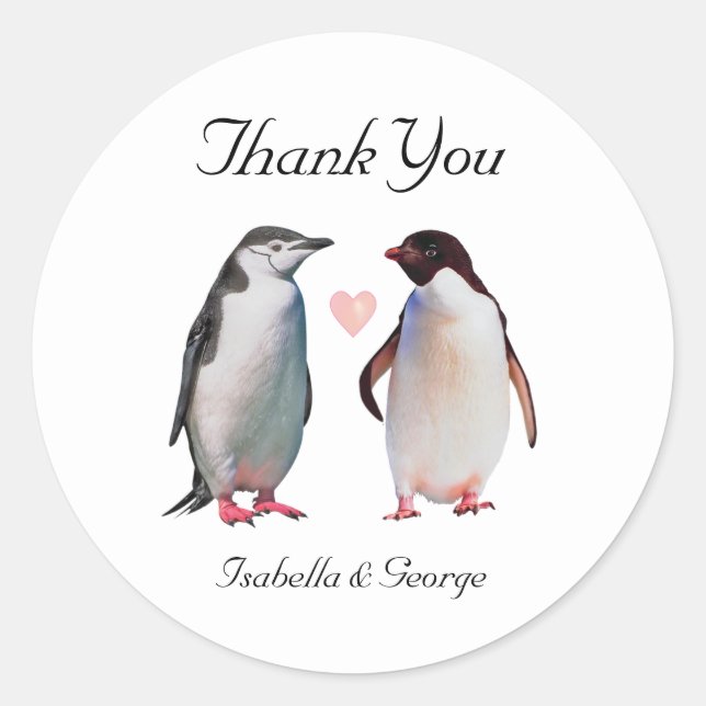 Danke Hochzeit & Pinguin-Paar mit Herz Runder Aufkleber (Vorderseite)