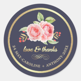 Danke. Hochzeit von Navy Blue Watercolor-Rose Runder Aufkleber