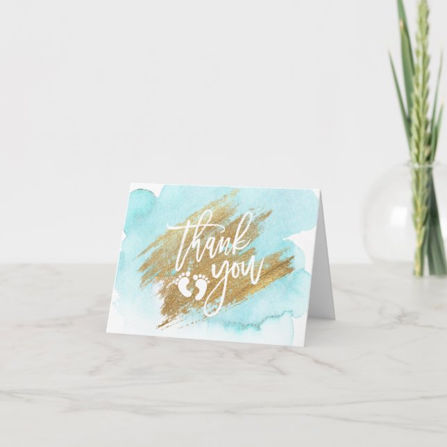 DANKE IHNEN Baby Shower Blue Gold Watercolor (Vorderseite)