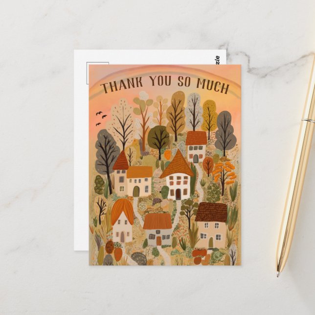 DANKE IHNEN Herbst Niedliche Landdorf Illustration Postkarte (Vorderseite/Rückseite Beispiel)