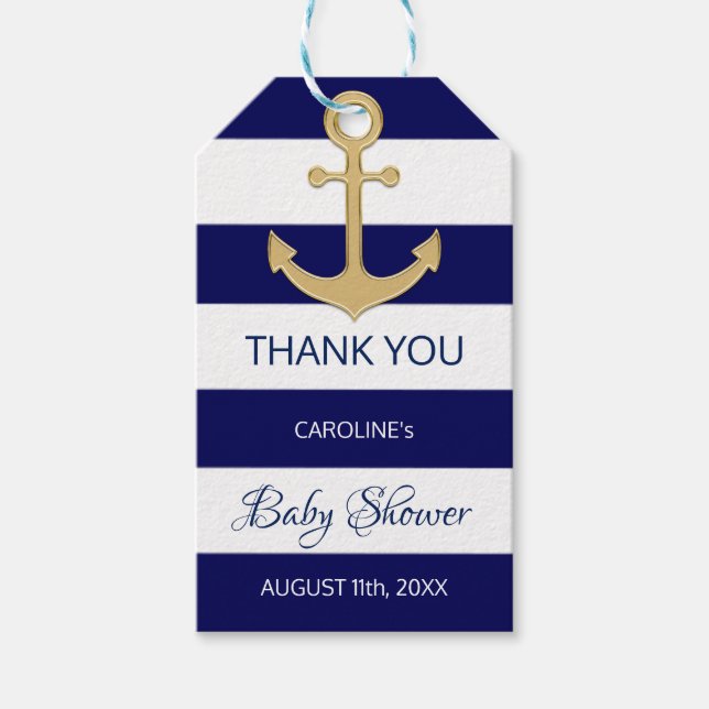 DANKE IHNEN Nautical Navy Blue Anchor BABY SHOWER Geschenkanhänger (Vorderseite)