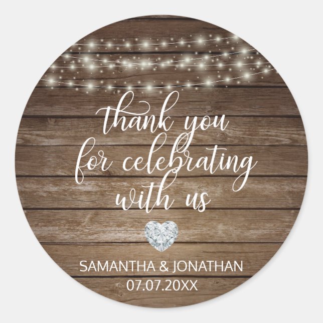 DANKE IHNEN Rustikale String Lights Wood Wedding Runder Aufkleber (Vorderseite)