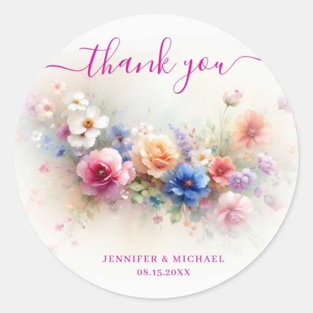 Danke Ihr benutzerdefinierter Text Aquarell Blumen Runder Aufkleber (Vorderseite)