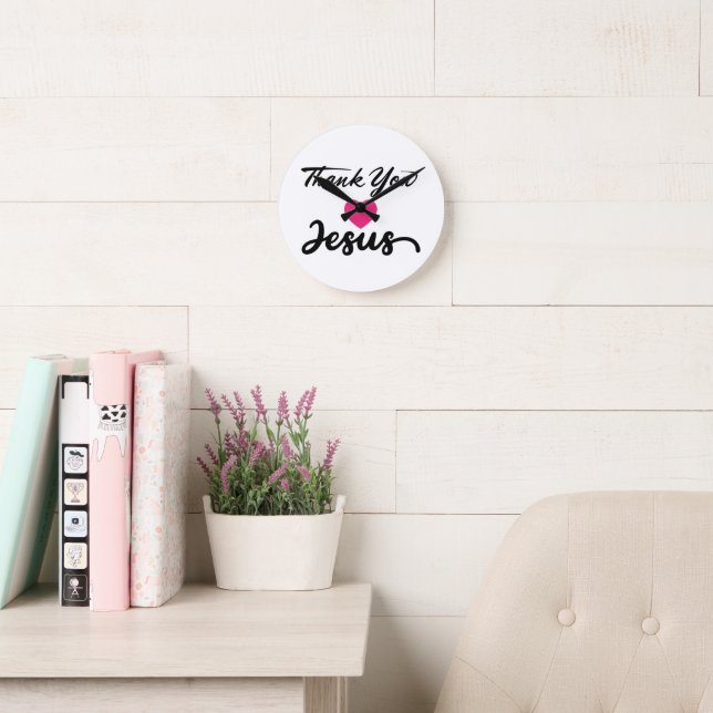 Danke, Jesus | Modernes Christliches Glaubensherz Runde Wanduhr (Lesesaal)