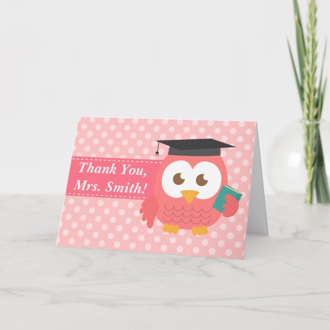 Danke Lehrer, Lehrerin Owl, Pink Polka Dots Karte (Vorderseite)