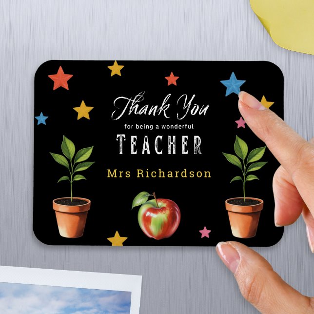 Danke Lehrer Tafel Apfel Personalisiert Magnet (A magnet with thank you message to a teacher, with personalized name, stars, apple and plants)