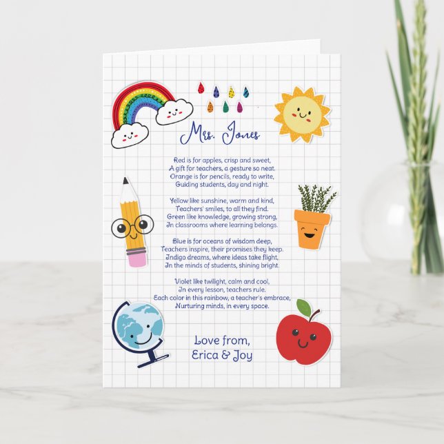 Danke Lehrer Wertschätzung Regenbogenwolke Gedicht Karte (Vorderseite)