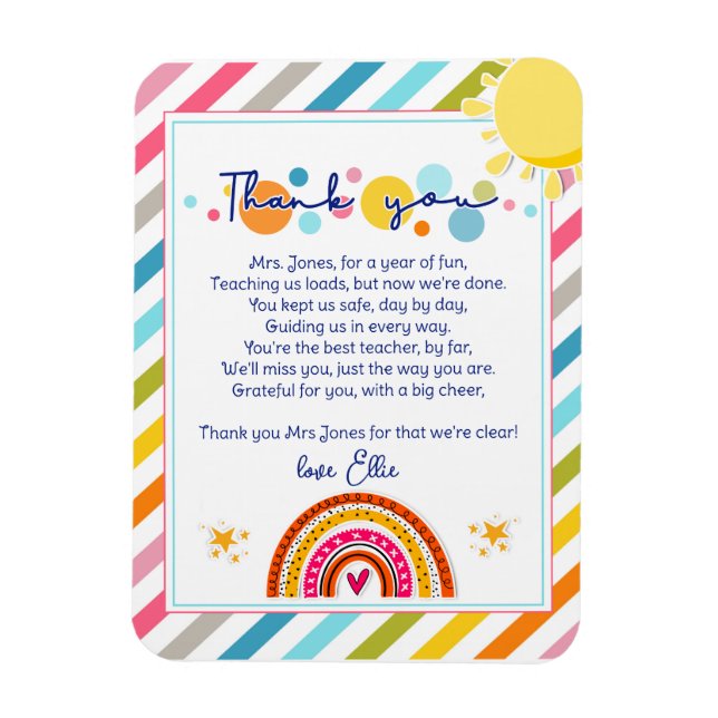 Danke Lehrer Wertschätzung Regenbogenwolke Gedicht Magnet (Vertikal)
