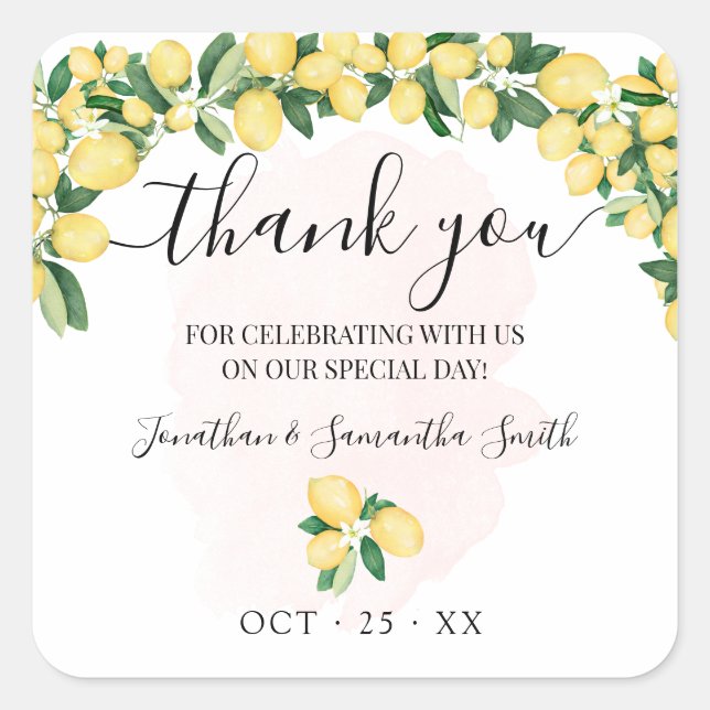 Danke, Lemons Pink Wedding Brautparty Quadratischer Aufkleber (Vorderseite)