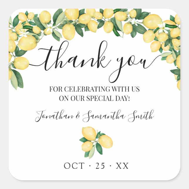 Danke, Lemons Wedding Brautparty Quadratischer Aufkleber (Vorderseite)