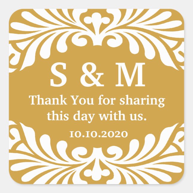 Danke, Letter Monogram Gastgeschenk Hochzeit Label Quadratischer Aufkleber (Vorderseite)