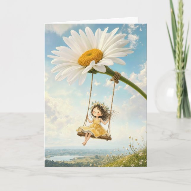 Danke Mädchen auf einer Gänseblümchen-Schwinge Karte (Vorderseite)