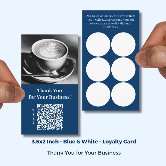 Danke mit QR-Code - Blaues Café Treuekarte (Thank You with QR Code - Blue Café Loyalty Card; Size: 3.5x2 Inch)
