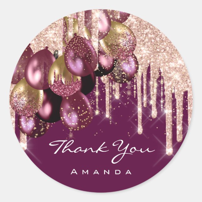 Danke Name 16. Bridal Glitzer Ballon Rose Burgund Runder Aufkleber (Vorderseite)