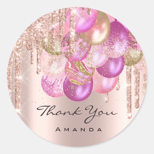 Danke Name 16. Bridal Rose Glitzer Ballon Confett Runder Aufkleber (Vorderseite)