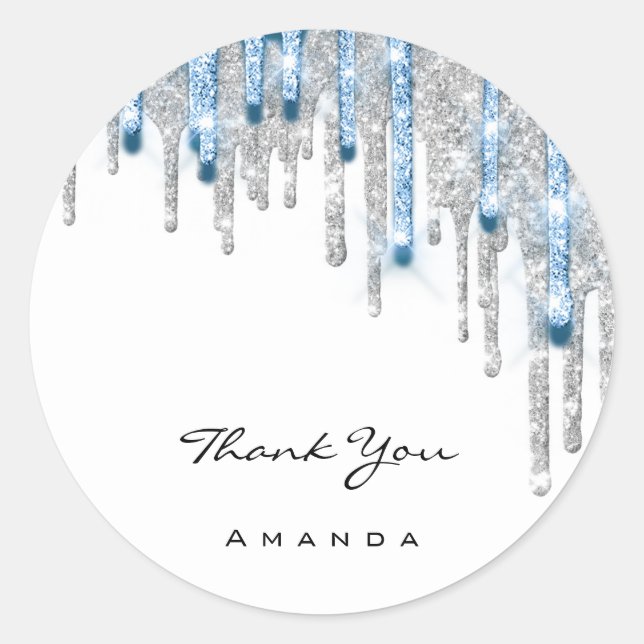 Danke Name 16. Bridal Silver Glitzer 3D DripBlue Runder Aufkleber (Vorderseite)