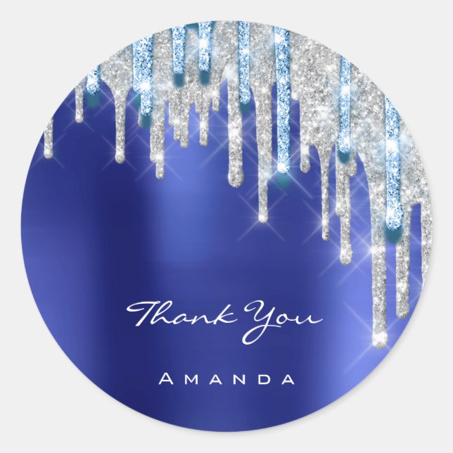 Danke Name 16. Bridal Silver Glitzer Royal Blue Runder Aufkleber (Vorderseite)