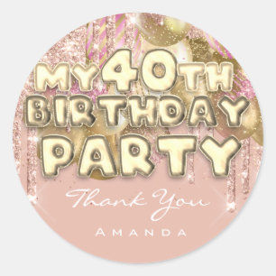 Danke Name 40. GeburtstagspartyGlitter Ballon Gold Runder Aufkleber