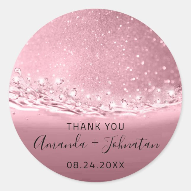Danke Name Datum Spark Beach Waves Pink Rose Runder Aufkleber (Vorderseite)