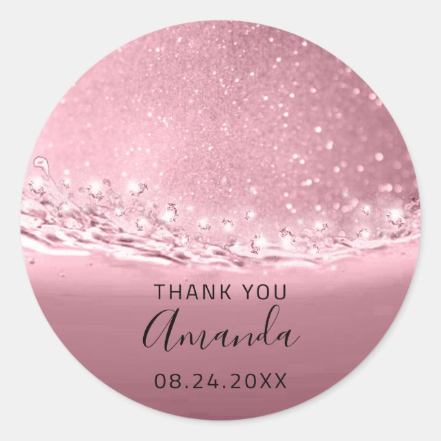 Danke Name Datum Spark Bridal Pink Rose Runder Aufkleber (Vorderseite)