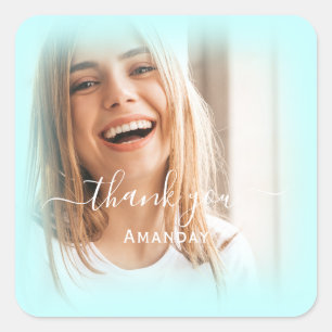 Danke Name Foto BLAU PASTELL Braut Sweet16 Quadratischer Aufkleber