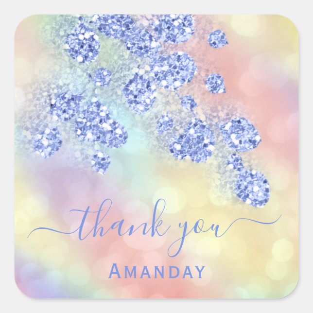 Danke Name Holograph Floral Glitzer Dusty Blue Quadratischer Aufkleber (Vorderseite)