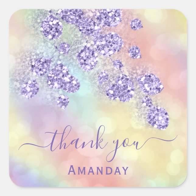 Danke Name Holograph Floral Glitzer Dusty Lavender Quadratischer Aufkleber (Vorderseite)