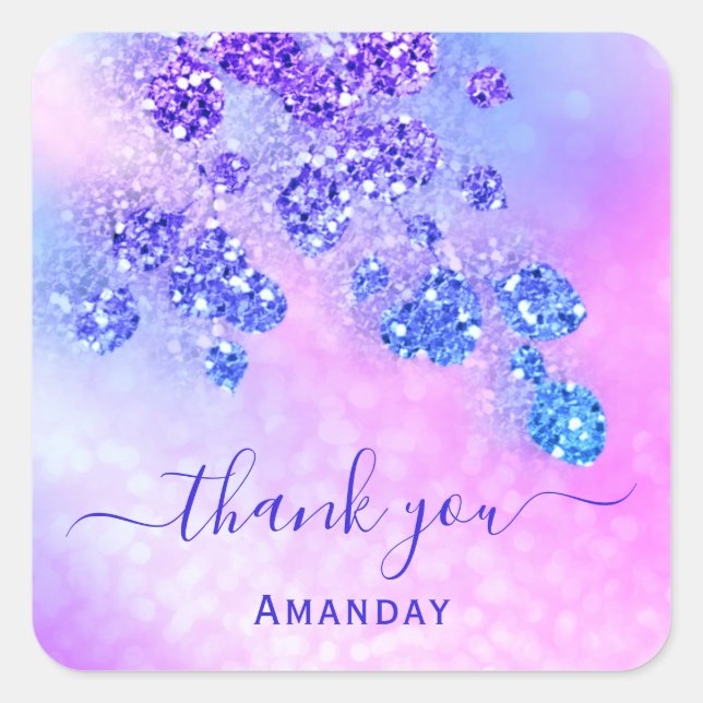 Danke Name Holograph Pink Bridal Royal Blue Cobalt Quadratischer Aufkleber (Vorderseite)