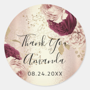 Danke Name  Rose Gold  Blumen Marsala Runder Aufkleber