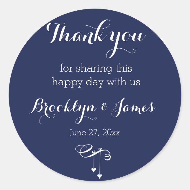 Danke Navy Blue Wedding Stickers Hearts (Vorderseite)