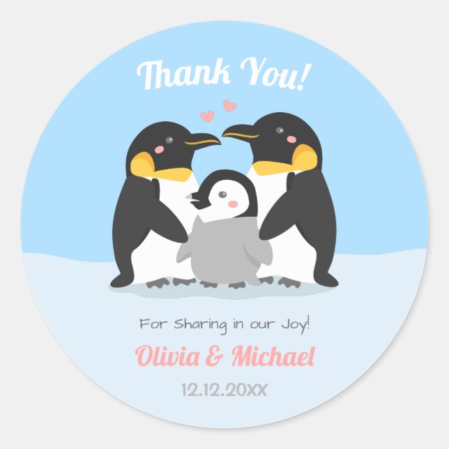 Danke Penguin Family Baby Dusche Dekorativ Runder Aufkleber (Vorderseite)