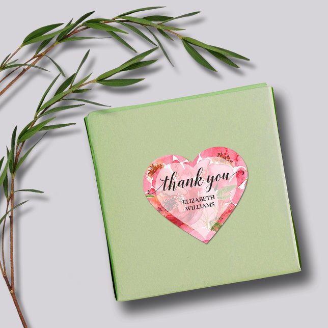 Danke, Peony Blume Herz-Aufkleber (1-1/2" heart stickers with your name and Thank You on pink and cream peony flowers)