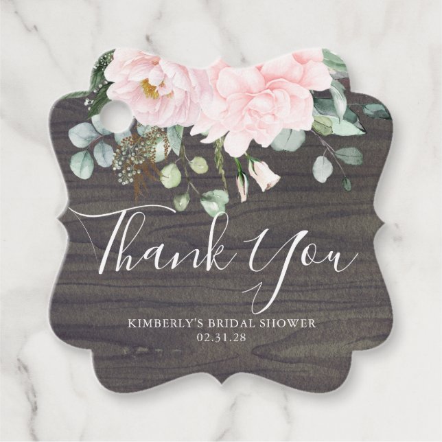 Danke Pink Blume Rustic Wood Brautparty Geschenkanhänger (Vorderseite)