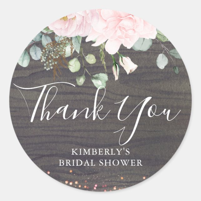 Danke Pink Blume Rustic Wood Brautparty Runder Aufkleber (Vorderseite)