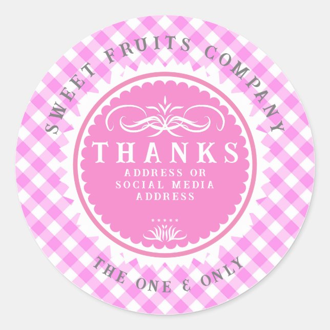 Danke Pink Gingham Classic Round Sticker (Vorderseite)