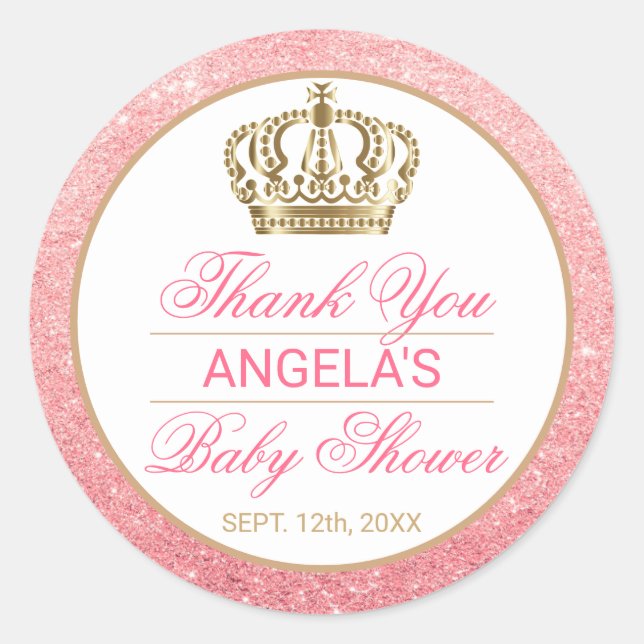 Danke Pink Princess Gold Crown Baby Dusche Runder Aufkleber (Vorderseite)