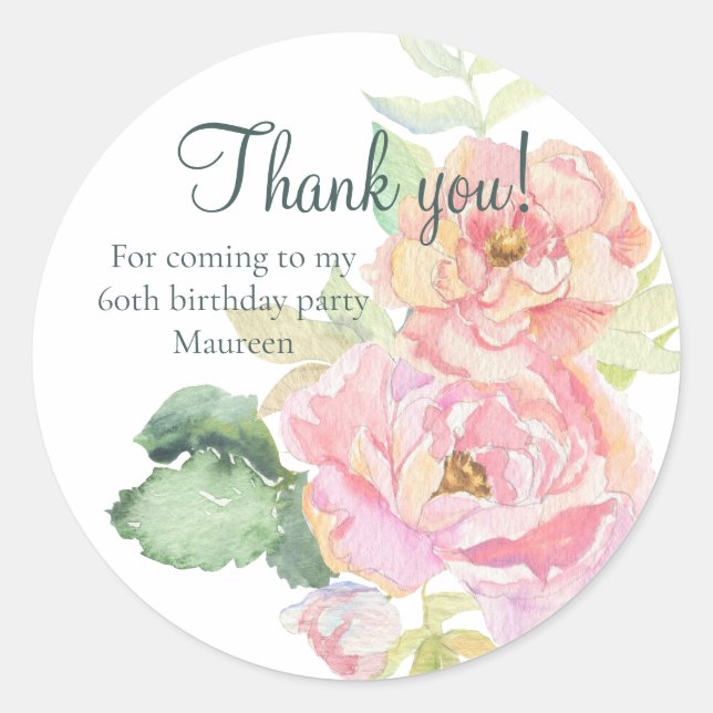 Danke Pink Rose Floral Runder Aufkleber (Vorderseite)
