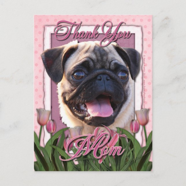 Danke - Pink Tulips - Mops Postkarte (Vorderseite)