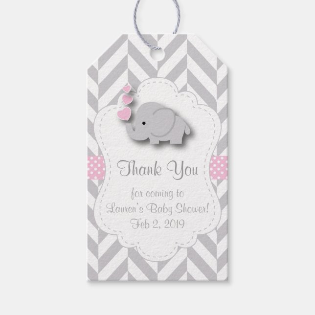 Danke - Pink, White Gray Elephant Baby Dusche. Geschenkanhänger (Vorderseite)