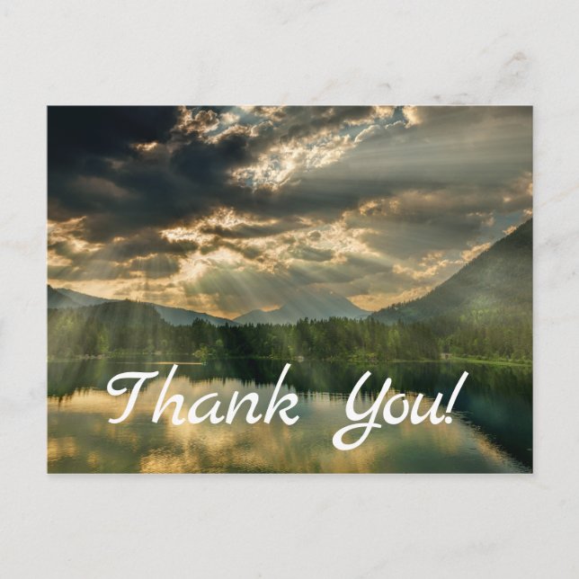 Danke, Postkarte. Himmel, Berge, Bäume, See. Postkarte (Vorderseite)