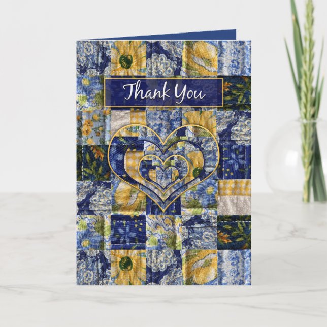 Danke, Quilt Square, Gelb Blau, Blumendruck Karte (Vorderseite)