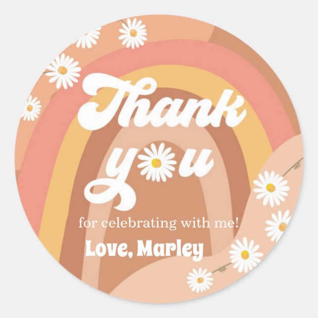 Danke Retro Hippie Rainbow Daisy Favor Girl Runder Aufkleber (Vorderseite)