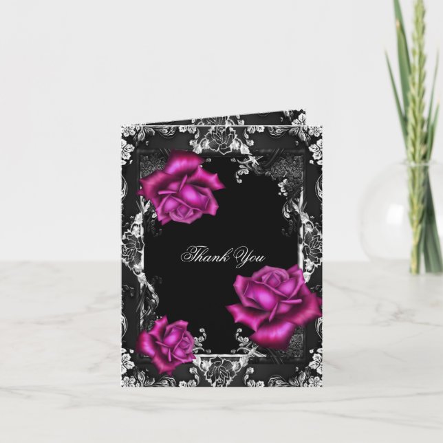 Danke, rosa Rosen-schwarzes Silber zu kardieren Dankeskarte (Vorderseite)