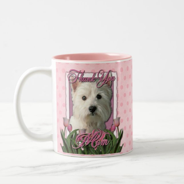 Danke - rosa Tulpen - Westhochland Terrier Zweifarbige Tasse (Links)